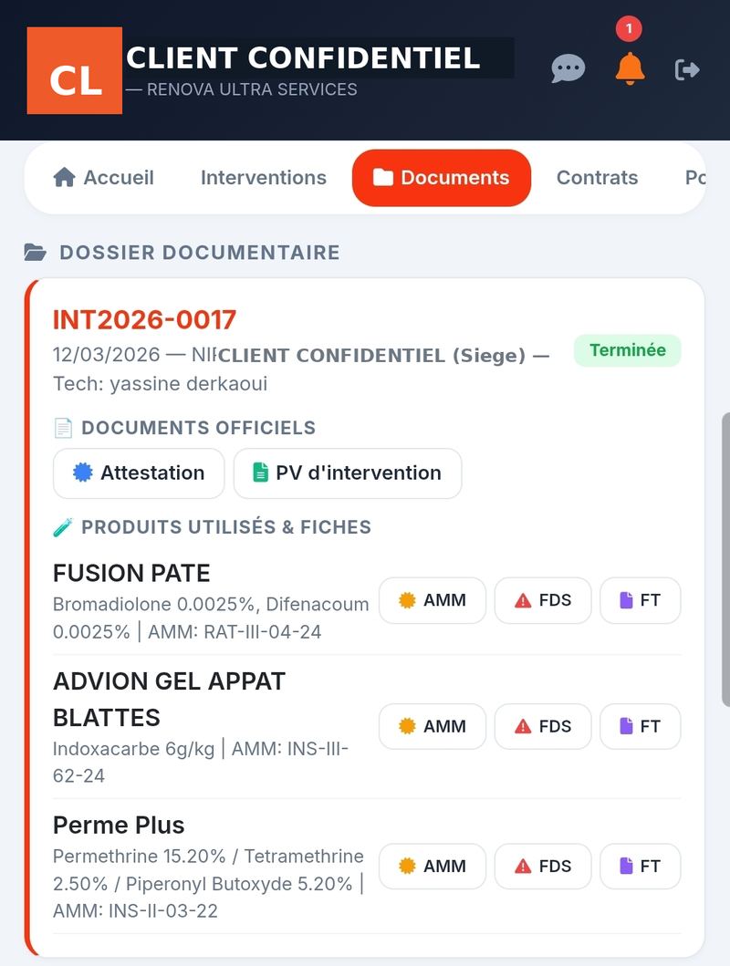 Dossier documentaire de l'espace client : attestation, PV d'intervention, AMM, FDS et fiches techniques