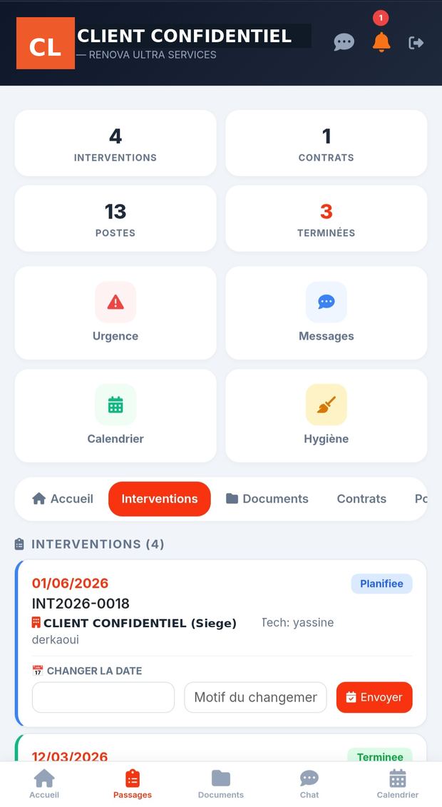 Espace client Hygiène 3D sur mobile : interventions, contrats, nombre de postes d'appâtage et demande d'urgence