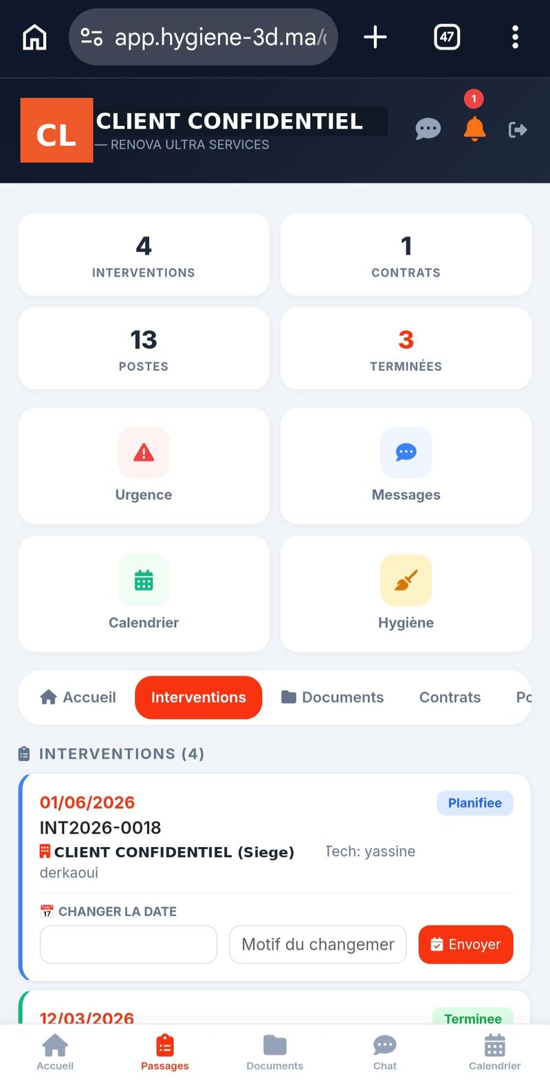 Tableau de bord de l'espace client Rénova Ultra Services à Rabat : suivi des interventions, contrats, postes et demande de report de date