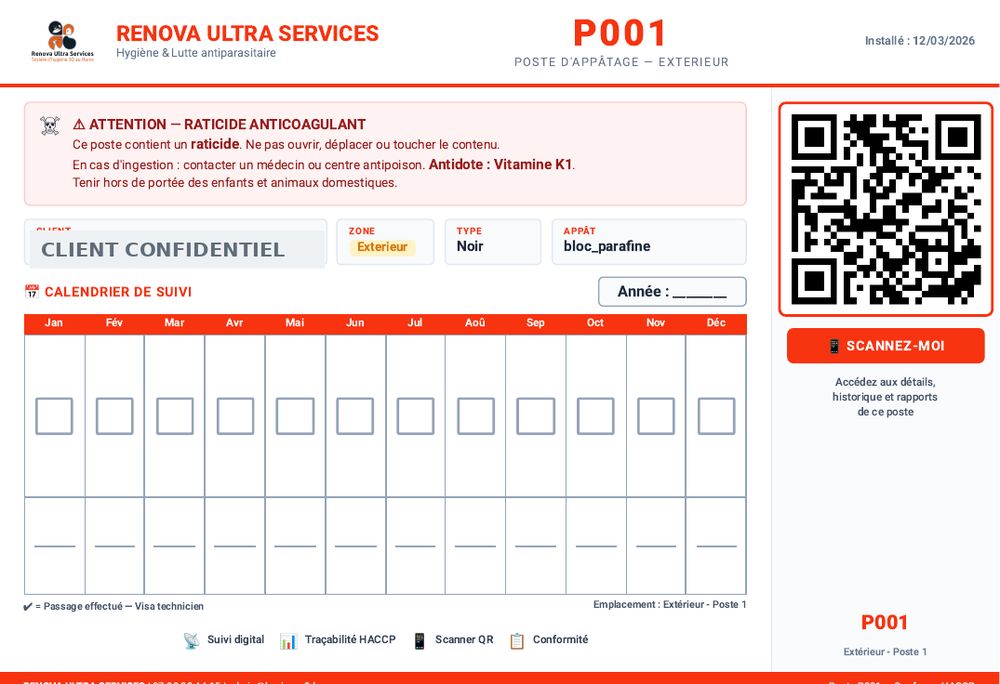 Fiche de poste d'appâtage P001 avec code QR, calendrier de visa et mentions de sécurité